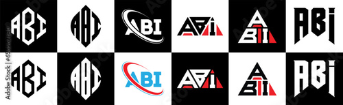 ABI letter logo design in six style. ABI polygon, circle, triangle, hexagon, flat and simple style with black and white color variation letter logo set in one artboard. ABI minimalist and classic logo
