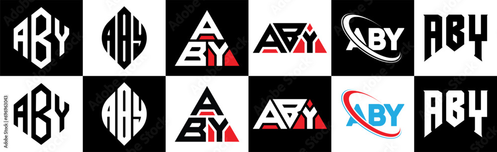 ABY letter logo design in six style. ABY polygon, circle, triangle, hexagon, flat and simple style with black and white color variation letter logo set in one artboard. ABY minimalist and classic logo ABY letter logo design in six style. ABY polygon, circle, triangle, hexagon, flat and simple style with black and white color variation letter logo set in one artboard. ABY minimalist and classic logo