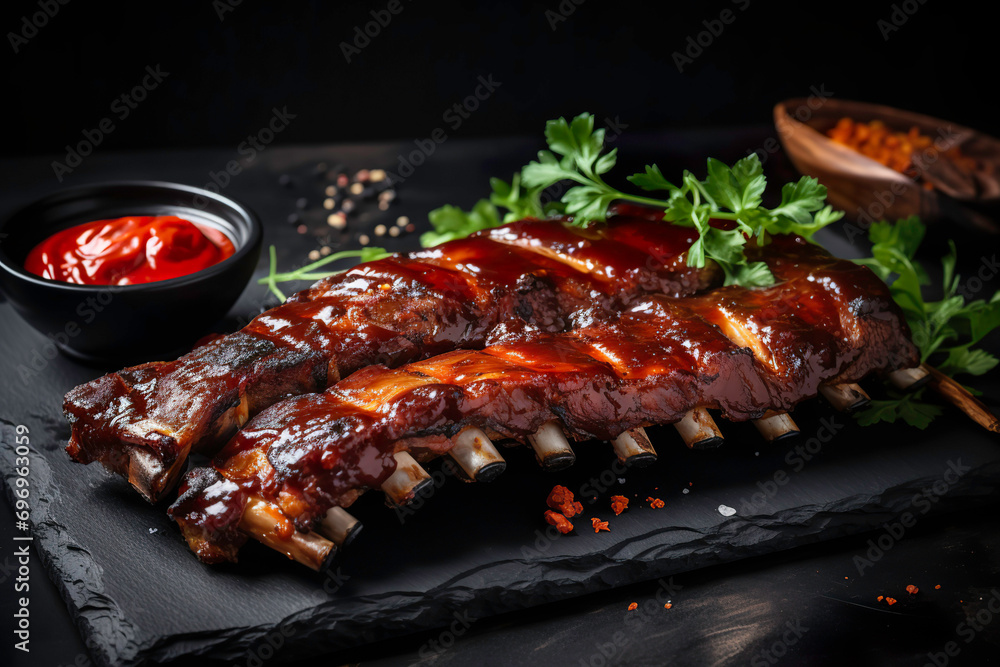 barbecue ribs on black slate surface and condiments