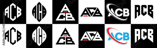 ACB letter logo design in six style. ACB polygon, circle, triangle, hexagon, flat and simple style with black and white color variation letter logo set in one artboard. ACB minimalist and classic logo photo