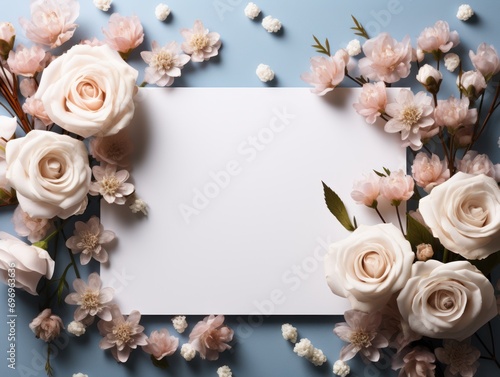 White blank greeting card on the background with flowers, love letter © AMK 