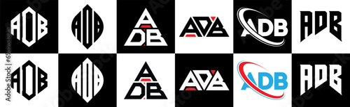 ADB letter logo design in six style. ADB polygon, circle, triangle, hexagon, flat and simple style with black and white color variation letter logo set in one artboard. ADB minimalist and classic logo photo