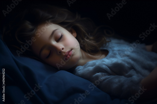 child girl sleeping in dark room, blurred background