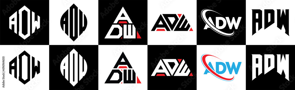 ADW letter logo design in six style. ADW polygon, circle, triangle, hexagon, flat and simple style with black and white color variation letter logo set in one artboard. ADW minimalist and classic logo ADW letter logo design in six style. ADW polygon, circle, triangle, hexagon, flat and simple style with black and white color variation letter logo set in one artboard. ADW minimalist and classic logo