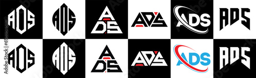 ADS letter logo design in six style. ADS polygon, circle, triangle, hexagon, flat and simple style with black and white color variation letter logo set in one artboard. ADS minimalist and classic logo