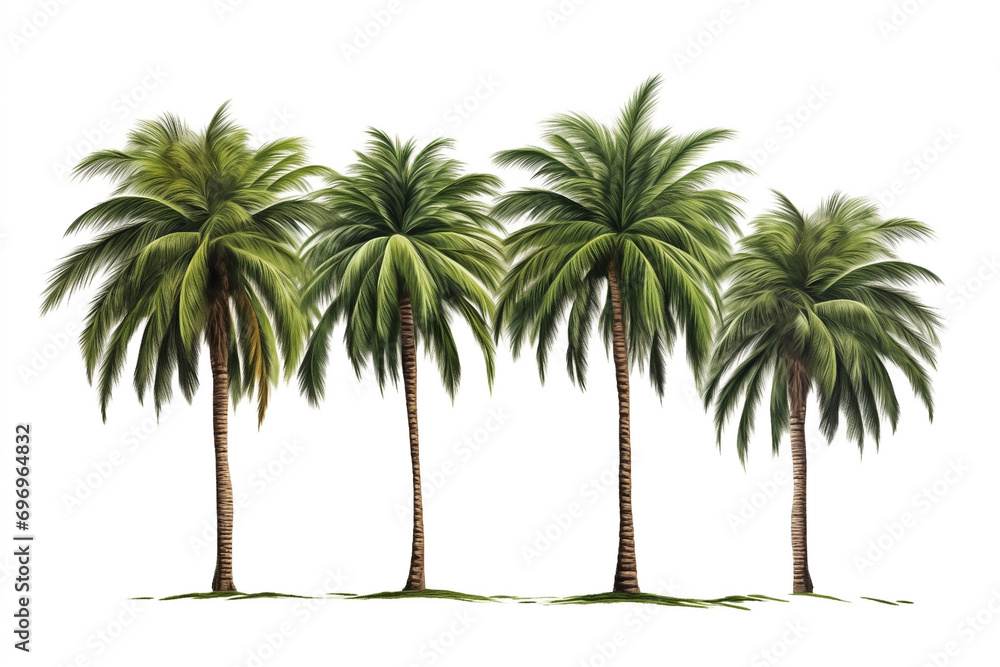 palm trees, four, shaggy vegetation, isolated on white background palm trees, four, shaggy vegetation, isolated on white background