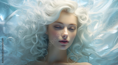 a girl with curly white hair floating in air