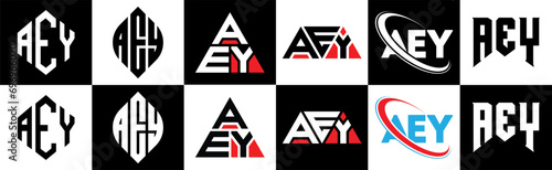 AEY letter logo design in six style. AEY polygon, circle, triangle, hexagon, flat and simple style with black and white color variation letter logo set in one artboard. AEY minimalist and classic logo photo