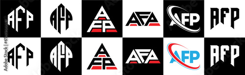AFP letter logo design in six style. AFP polygon, circle, triangle, hexagon, flat and simple style with black and white color variation letter logo set in one artboard. AFP minimalist and classic logo