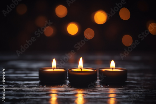 candles three black with flickering flames, dark blurred background