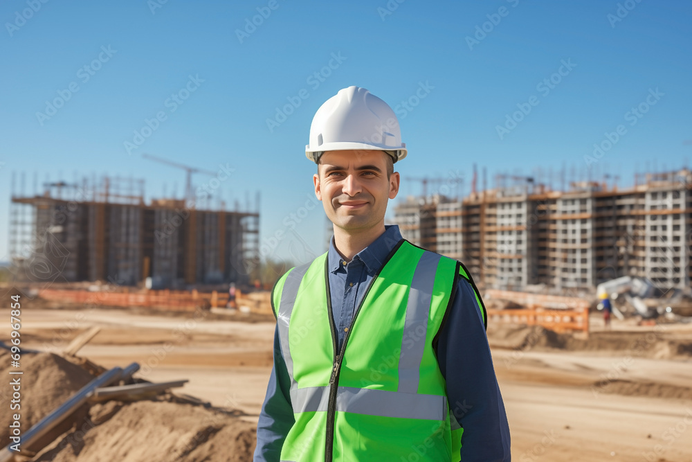 engineer man in white helmet, green jacket on construction site at clear day engineer man in white helmet, green jacket on construction site at clear day
