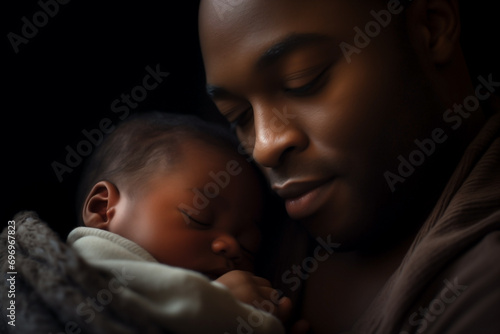 sleeping baby in fathers arms, close-up, selective focus, softness