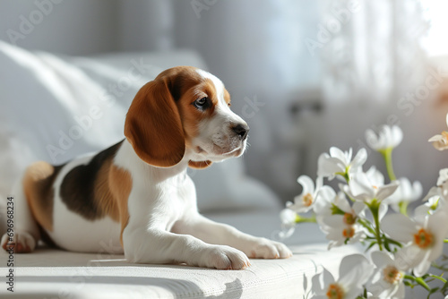 A cute beagle puppy in a minimal and dreamy white living room with white flowers