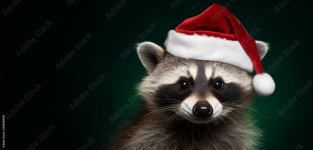 Closeup photo of lovely raccoon wearing red Santa Claus hat, isolated on green studio background Closeup photo of lovely raccoon wearing red Santa Claus hat, isolated on green studio background