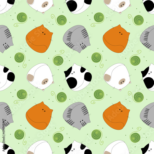 Seamless pattern with cute round cartoon cats in different colors and ball of thread doodle style for print, cover, wallpaper, poster, textile.