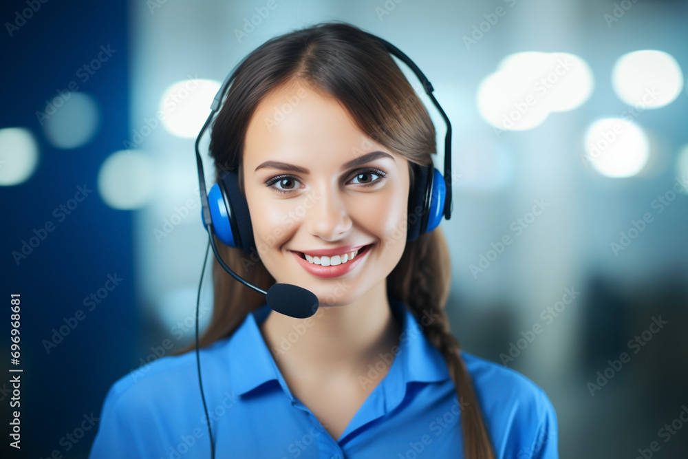 happy smile woman in blue blouse from call center with headphones microphone, looking at camera, blurred background happy smile woman in blue blouse from call center with headphones microphone, looking at camera, blurred background