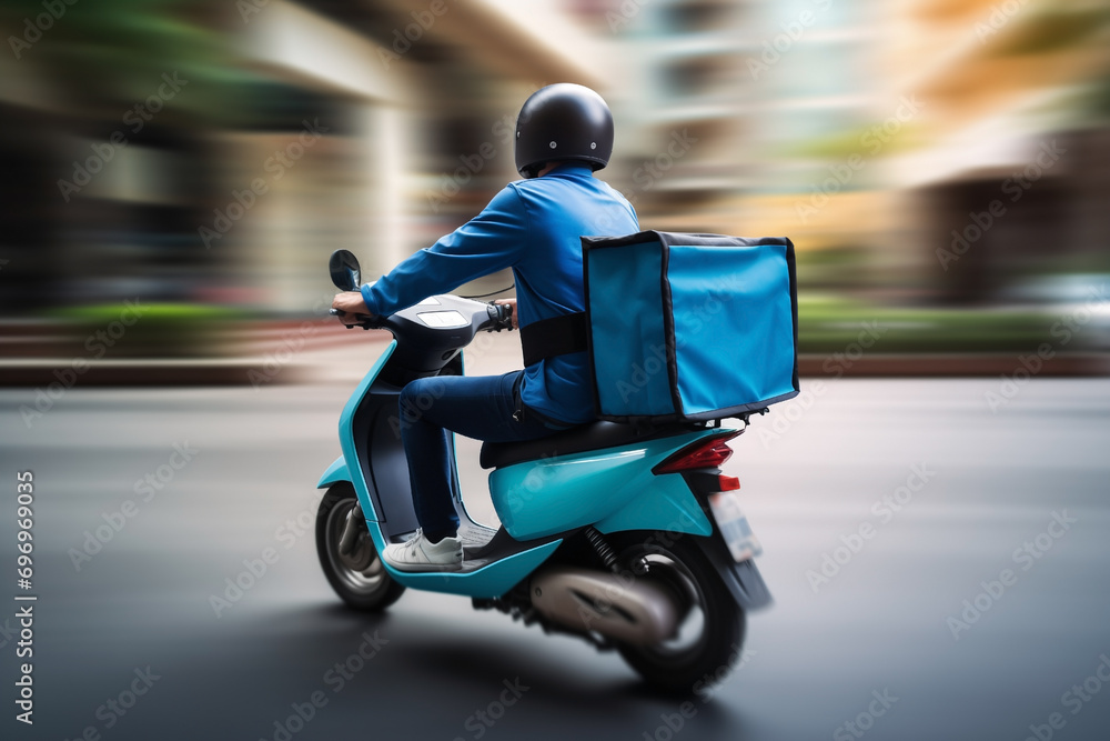 delivery man with blue rectangular backpack on moped, back view, blurred backgrounds