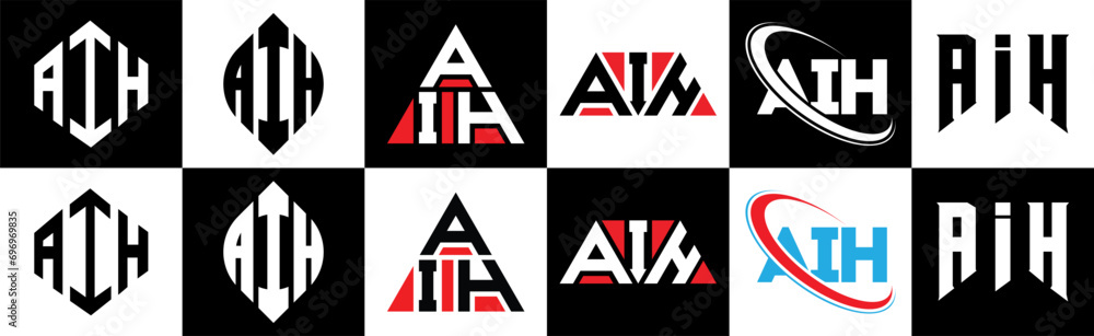 AIH letter logo design in six style. AIH polygon, circle, triangle, hexagon, flat and simple style with black and white color variation letter logo set in one artboard. AIH minimalist and classic logo AIH letter logo design in six style. AIH polygon, circle, triangle, hexagon, flat and simple style with black and white color variation letter logo set in one artboard. AIH minimalist and classic logo