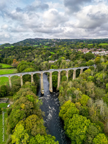 Llangollen canal famous Pontcysylte aqueduct. United Kingdom. Top cinematic aerial view. 