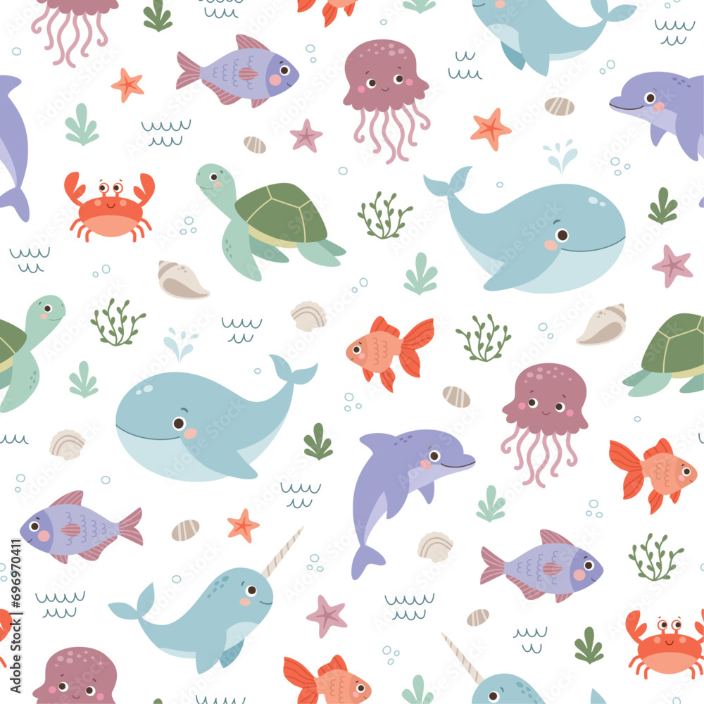 Fototapeta premium Childish seamless pattern with underwater life. Colorful kids background with cute marine characters: whale, fish, dolphin, jellyfish, narwhal, sea ​​turtle, crab. Sea adventure vector illustration