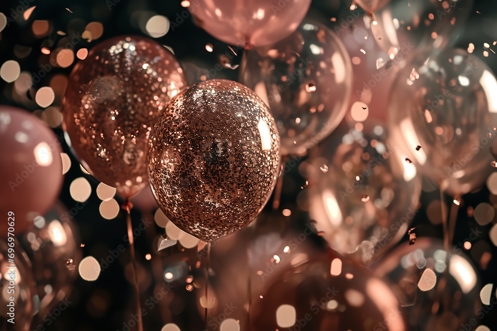 Φωτογραφία Rose gold and glittery balloons are floating in the air, in the style of dark be