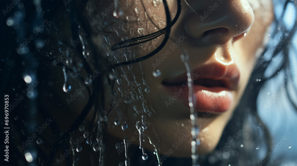The girl's visage was elated with big droplets of H2O weeping down after her shower.