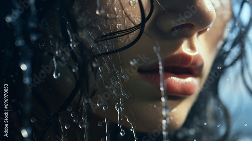 The girl's visage was elated with big droplets of H2O weeping down after her shower. photo