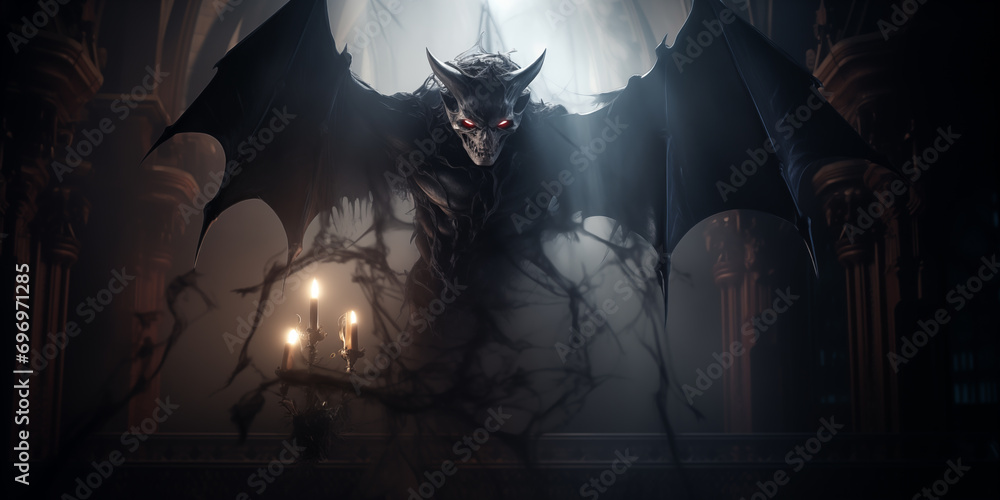 Scary evil bat vampire monster in dark room with smoke - obrazy, fototapety, plakaty 