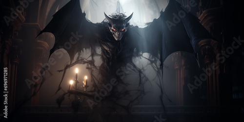 Scary evil bat vampire monster in dark room with smoke photo