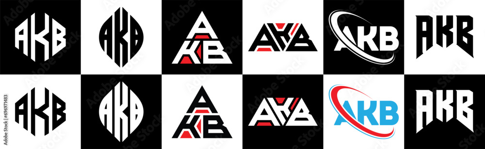AKB letter logo design in six style. AKB polygon, circle, triangle, hexagon, flat and simple style with black and white color variation letter logo set in one artboard. AKB minimalist and classic logo AKB letter logo design in six style. AKB polygon, circle, triangle, hexagon, flat and simple style with black and white color variation letter logo set in one artboard. AKB minimalist and classic logo