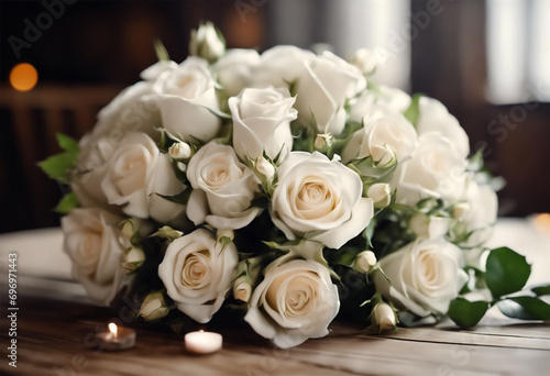 Raffinatezza Nuziale- Bouquet di Rose Bianche su Tavolo di Legno