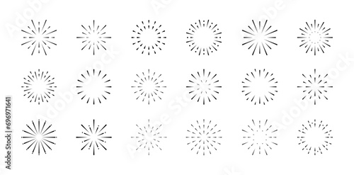 Firework various icon set  Happy new year  Sunburst collection. Round line radial frame. Festive spark isolated white background. Modern symbol element. Minimal simple style. Flat vector illustration.