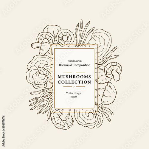 Hand drawn mushrooms frame. Shiitake, turkey tail, cordyceps, reishi