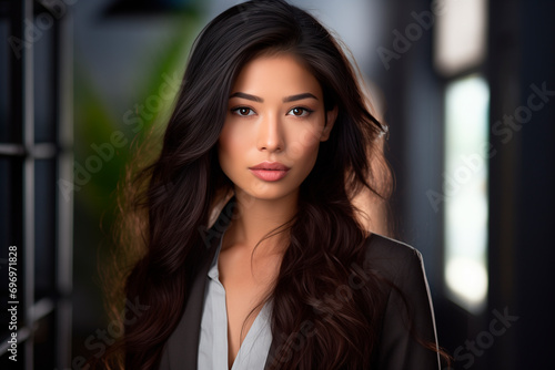Wallpaper Mural a beautiful asianwoman business in the office, strong facial expression, dark white and dark brown, simple, multi-layered Torontodigital.ca