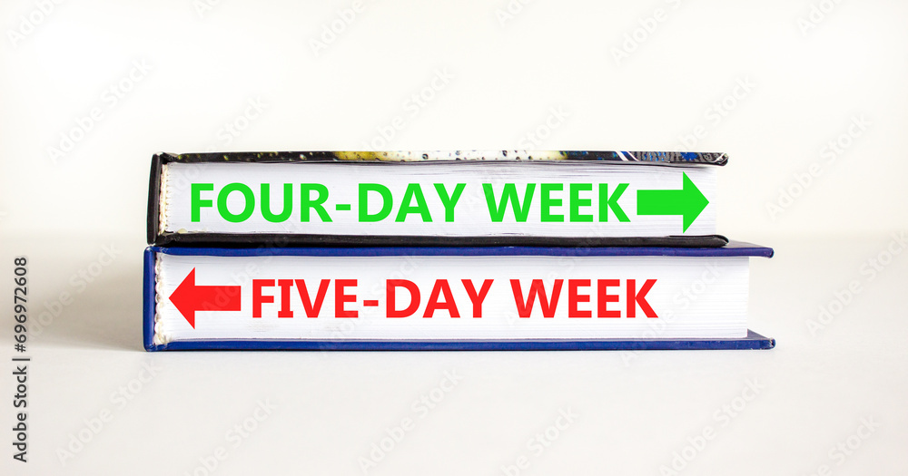 5 or 4 day week symbol. Concept word Five-day week or Four-day week on beautiful books. Beautiful white table white background. Business and five or four day week concept. Copy space.
