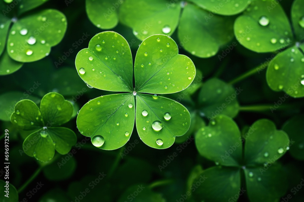 Four leaf clover with dew drops. Lucky Irish shamrock symbol of the St. Patrick's Day holiday. Four leaf clover with dew drops. Lucky Irish shamrock symbol of the St. Patrick's Day holiday.