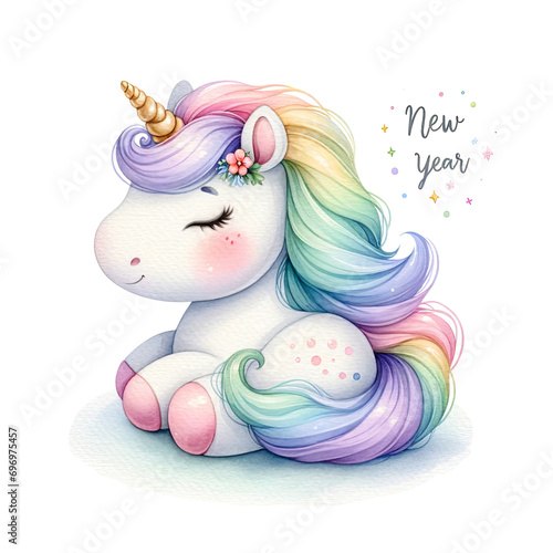 cute rainbow unicorn watercolor greeting card with new year text on white background. Happy New Year.