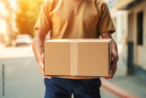 Close up hands of delivery man holding parcel box or cardboard box in front of house entrance. Distribution concept of transportation and delivery. © lillyrosy