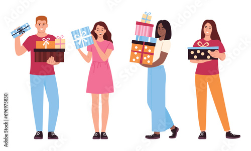 happy men and women with gifts. Vector illustration