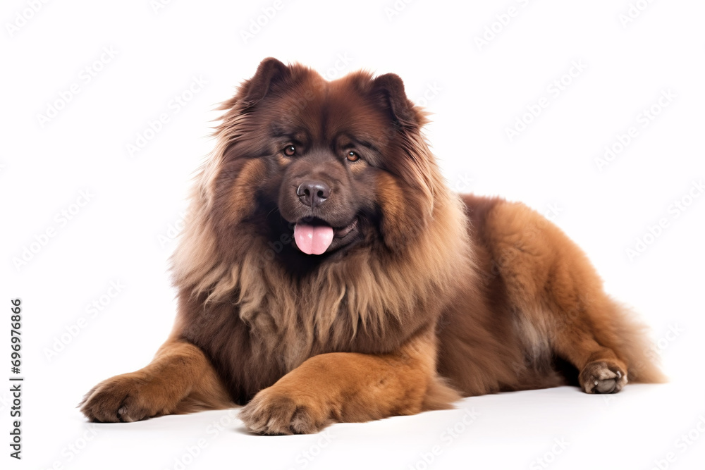 A fluffy brown canine is alone against a sparkling white backdrop.