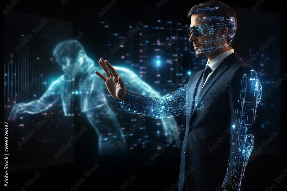 Envision the future of connectivity as a businessman equipped with virtual glasses engages in a handshake with a holographic graphic—a compelling 3D rendering. Envision the future of connectivity as a businessman equipped with virtual glasses engages in a handshake with a holographic graphic—a compelling 3D rendering.