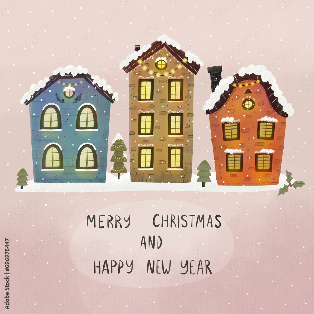 Merry Christmas and happy new year. Cartoon house, hand drawing lettering, décor elements. holiday theme. Colorful illustration, flat style. design for greeting cards, print, poster