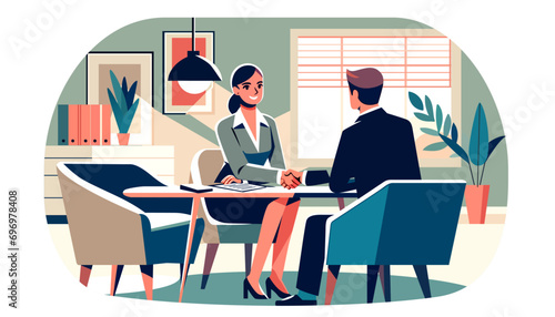 happy businesswoman manager handshaking office meeting smiling female HR hiring recruit at job interview bank insurance lawyer contract client work illustration