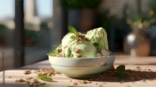 Bowl with tasty pistachio ice cream on the table, closeup photo