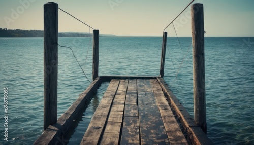  a wooden dock in the middle of a body of water with two poles sticking out of the water and a small island in the middle of the water in the distance.