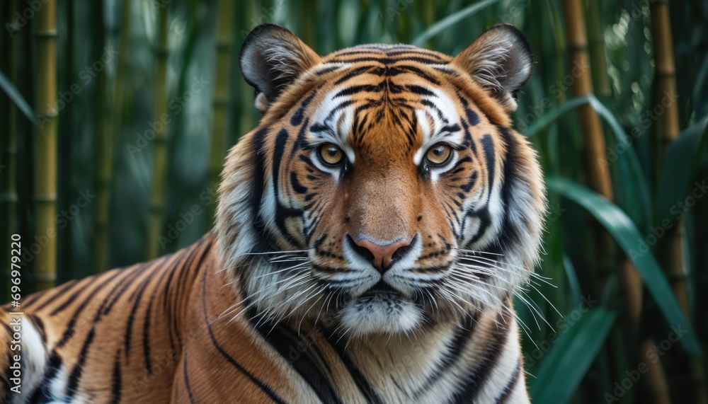 a close up of a tiger laying in front of a bamboo tree with it's head turned to the side and it's face slightly to the side. a close up of a tiger laying in front of a bamboo tree with it's head turned to the side and it's face slightly to the side.