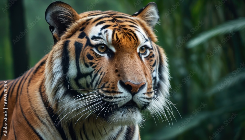 a close up of a tiger's face in front of a forest of tall grass and palm trees, with a blurry background of green grass and leaves. a close up of a tiger's face in front of a forest of tall grass and palm trees, with a blurry background of green grass and leaves.