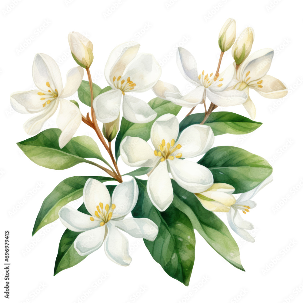 Fototapeta premium Beautiful Blooming White Jasmine Flower Bouquet Botanical Watercolor Painting Illustration