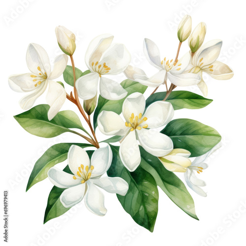 Beautiful Blooming White Jasmine Flower Bouquet Botanical Watercolor Painting Illustration © kanyarat