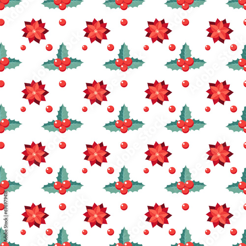 Christmas holly berries and poinsettia, seamless pattern for gift wrapping paper, festive design, traditional background.